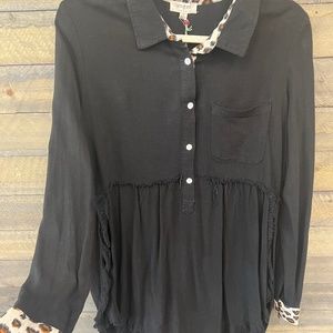 Animal Print Button Front and Tab Tunic Dress with Chest Pocket and Hi-Lo Frayed